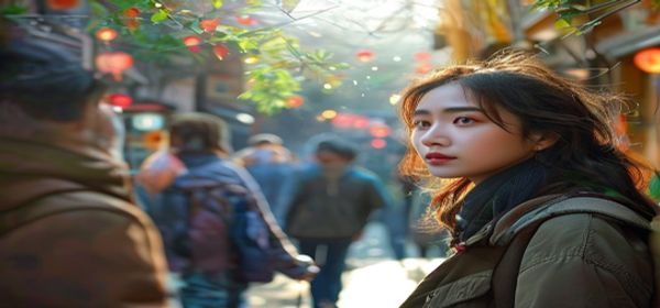 探花视频在线观看精选合集封面，户外街拍场景人物特写，光线明亮氛围感强烈